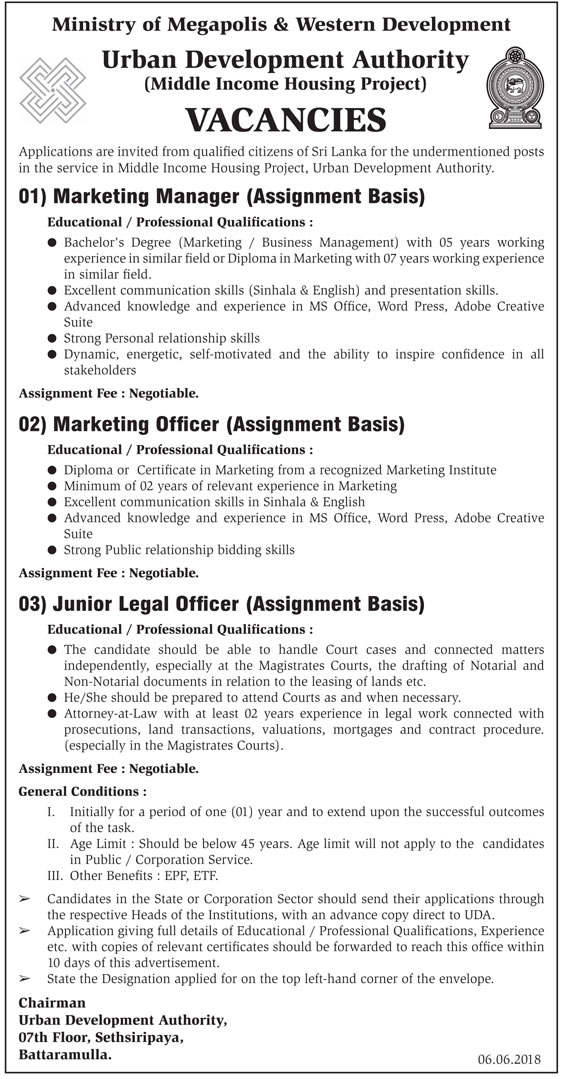 Marketing Manager, Marketing Officer, Junior Legal Officer - Urban Development Authority